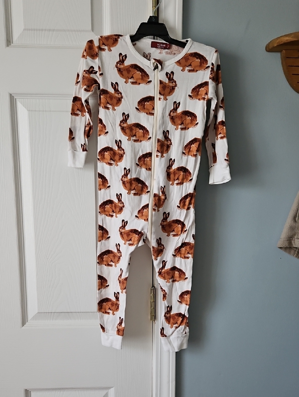 Milkbarn White Footed Pajamas with Brown Bunny Print Organic Cotton